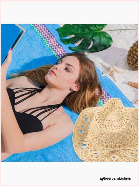 Straw Cowboy Hat for Women, Western Beach Cowgirl Hat with 2 Replacement Hat main image 7